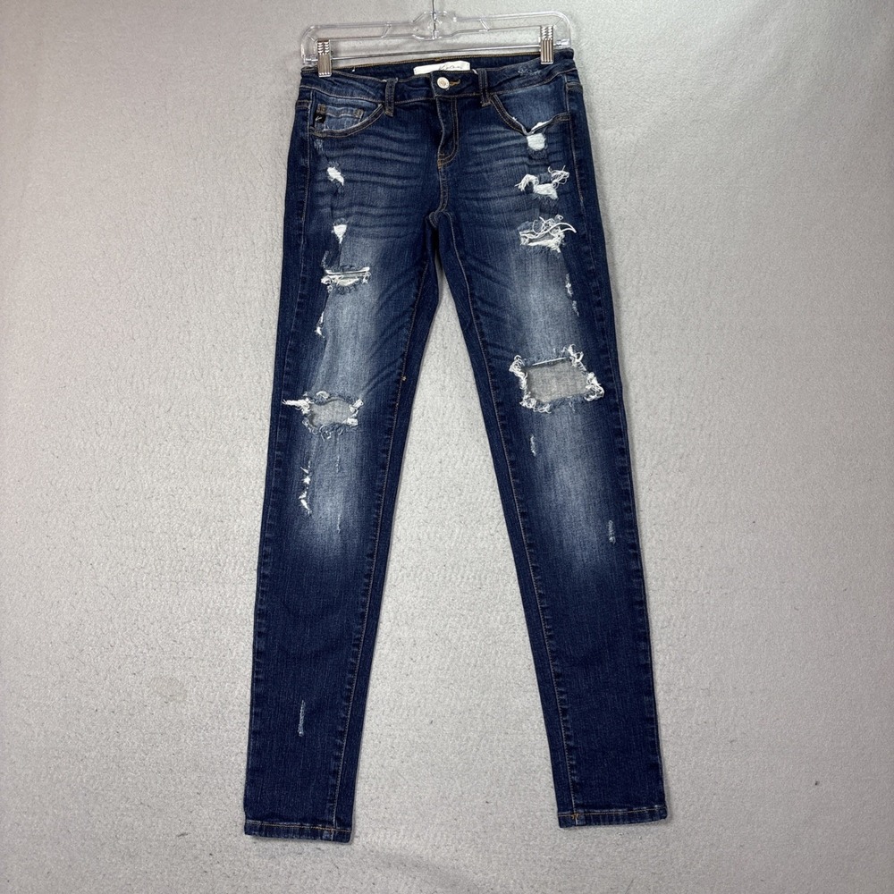 Kan Can Women Distressed Skinny‎ Ankle Stretch Jean Size 27 Dark Wash Blue